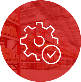Gear icon with a checkmark on an image of a warehouse with a red background